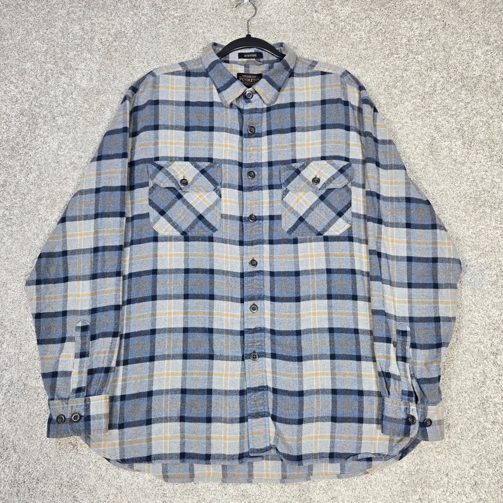 Pendleton Burnside Flannel Shirt Cotton Blue Gray tan Plaid Mens Large